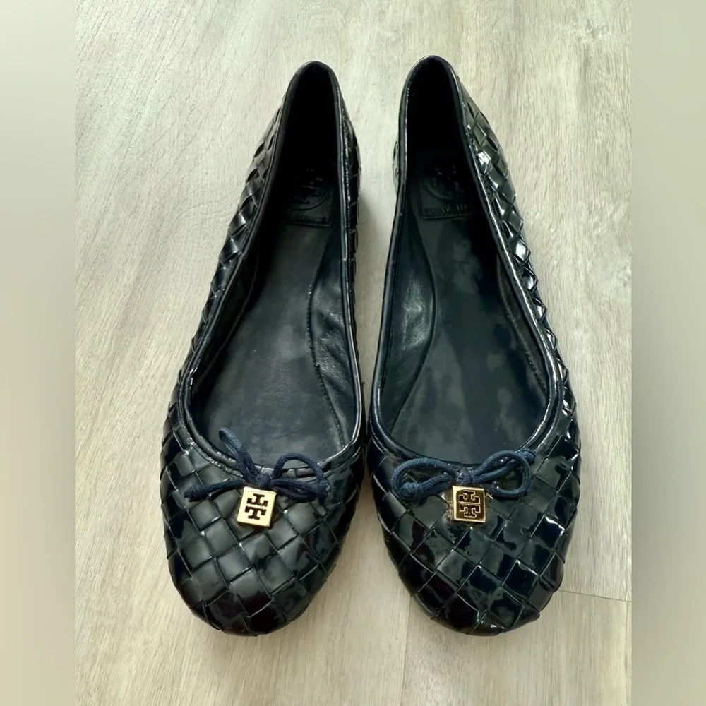Tory Burch Black Patent Woven Ballet Flats Shoes Women's 7.5M
